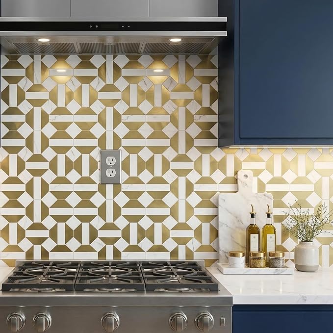 10-Sheets Peel and Stick Backsplash Tiles, PVC Marble Mixed Metal Look,Heat Resistant Stick on Tiles for Kitchen Wall,Bathroom,Laundry Room (Marble Gold & Gold)