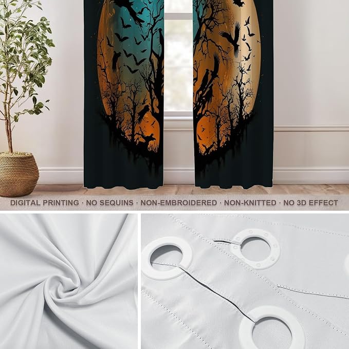 Shrahala Happy Halloween Funny Thermal Insulated Blackout Window Curtains, Yellowish Blue Moon Trees Bird Long Drapes for Bedroom/Living Room with Plastic Grommet, 52X84 Set of 2