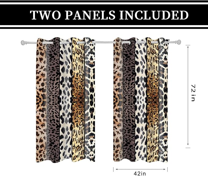 Wild Animal Print Curtain, Room Darkening Thermal Insulated Blackout Leopard Boa Window Drapes with Grommets for Living, Dining, Bedroom, Grey Leopard Print, 42"x 72", 2 Panels
