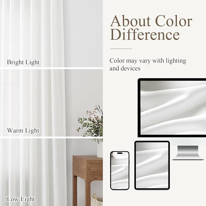 Aersas Off White Back Tab Linen Curtains for Living Room 2 Panel Light Filtering Semi Sheer Linen Drape Neutral Country Rustic Farmhouse Boho Curtain 52W x 96L