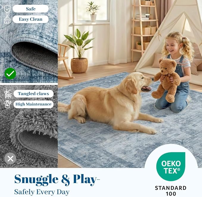 Homemate Washable Rug 2x6 Area Rugs - Vintage Faux Wool Rugs for Living Room Bedroom Dining Room - Non Slip Foldable Carpet Indoor Area Rug for Home Decor（2'x6', Blue