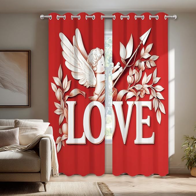 Shrahala Cupid Love Thermal Insulated Blackout Window Curtains, Romantic Love Long Drapes for Bedroom/Living Room with Plastic Grommet, 52X84 Set of 2