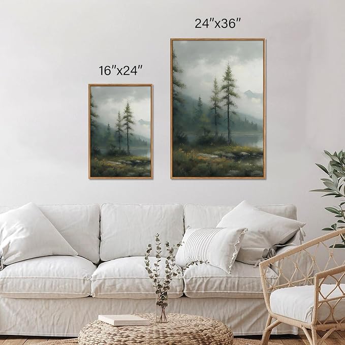 SIGNINART Large Green Forest Framed Canvas Wall Art Set, Misty Mountain Lake Wall Decor, Modern Foggy Wood Landscape Artwork, Nature Oil Painting Art Print for Living Room, Bedroom, Office 24"x36"x3