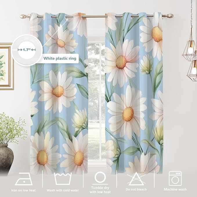 Shrahala Daisies Leaves Thermal Insulated Blackout Window Curtains, White Daisies On Blue Long Drapes for Bedroom/Living Room with Plastic Grommet, 52X63 Set of 2