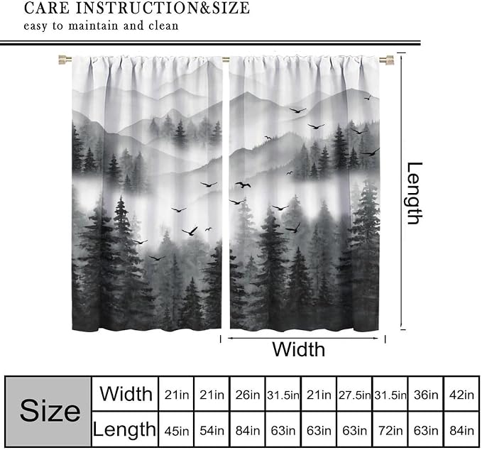 Forest Blackout Curtains for Kitchen Farm Retro Countryside Gray Nature Mist Watercolor Forest Mountains Trees Theme Print Windows Treatments for Boys Girls Bedroom Living Room 42x54in