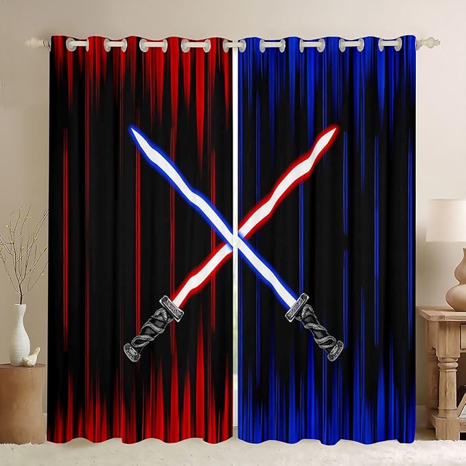 Feelyou Lightsaber Curtains for Living Room (2 Panels, 42 x 63 Inch) Kids Blue Red Ombre Blackout Curtains Boys Teens Lightsaber Grommet Darkening Drapes Future Technology Window Treatments