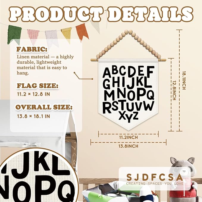SJDFCSA Alphabet Classroom Wall Art Decor, Kids Room Decor, ABC Alphabet Educational Boho Nursery Wall Hanging Display Pennant Flag for Kids Boy Girl Nursery Toddler Room Bedroom Playroom Classroom