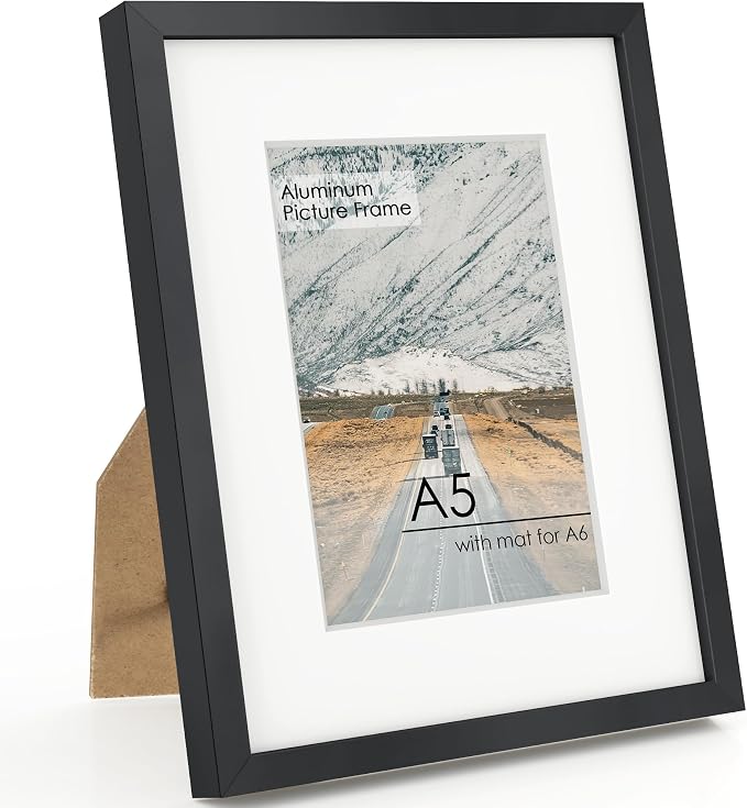 FLYJOE A5 Picture Frame Black - High-End Metal Frame for Wall, Photo Frame with Mat A6, Poster Frame 5.8x8.3, Aluminum Frame and Real Glass, Diploma, Certificates, Decor, Wall Kit, Black
