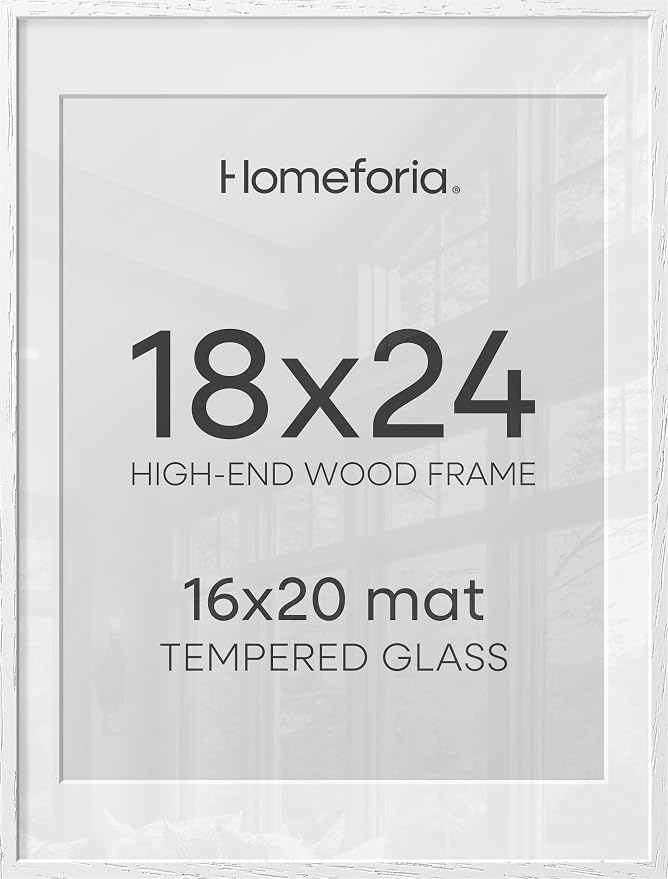 Homeforia 18 x 24 Poster Frame White, High End Oak 18x24 White Wood Picture Frame with Mat 16x20 Photo, 18 x 24 Wooden Frame Matted to 16 x 20, 24x18 Hanging Frames, Tempered Glass, Wall Kit, Set of 1