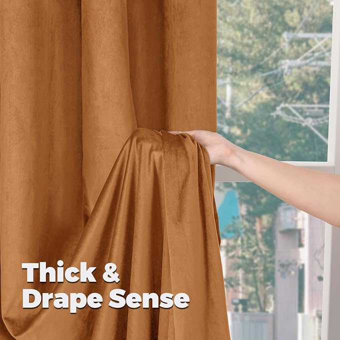 BGment Velvet Curtains 90 inches Long - Orange Velvet Curtains Thermal Insulated Room Darkening Fall Decor Rod Pocket and Back Tab Drapes for Bedroom Living Room, 2 Panels, 52 x 90 Inch, Orange Brown