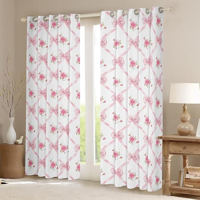 Erosebridal Rose Bow Window Curtain Pink Bowknot 42" Wx63 L Curtain for Kids Girls Teen Room Decor,Cute Kawaii Bow Flower Window Treatments Light Pink Plaid Bowknot Curtains & Drapes