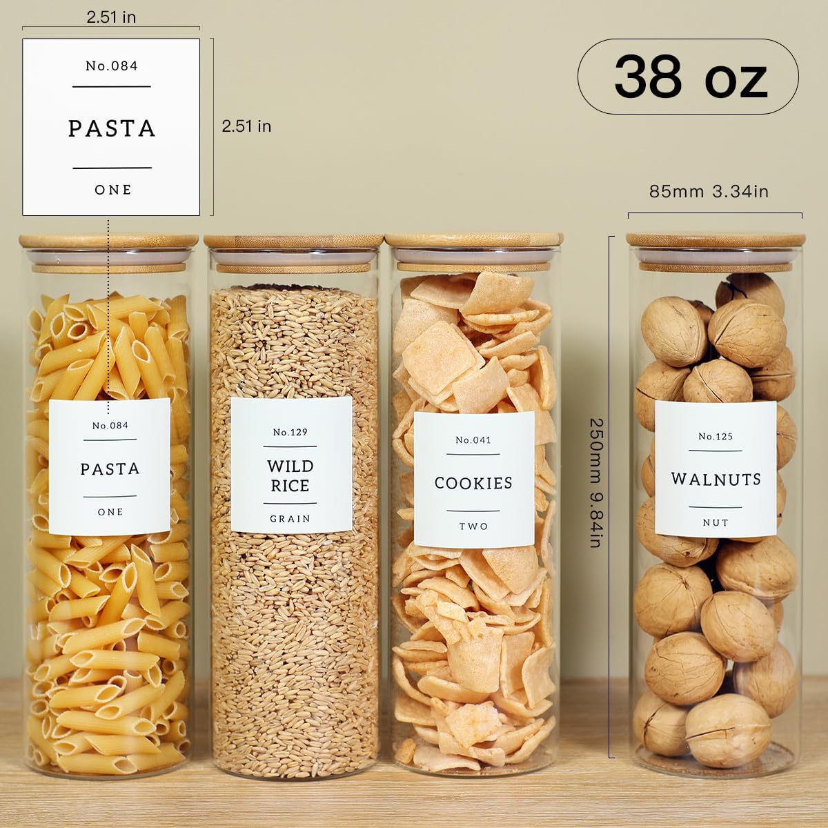 4 Pack Glass Jar with Airtight Wood Lid and White 132 Kichen Pantry Labels Preprinted - 38 Oz Clear Round Glass Food Storage Containers set For Cereal Rice Sugar