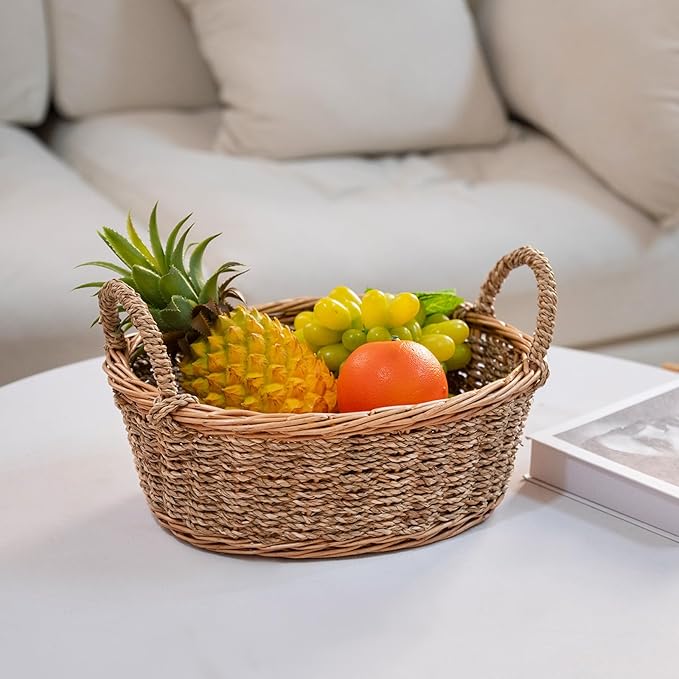 Natural Wicker & Seagrass Woven Storage Baskets Set of 3, Oval Handled Willow Baskets, Rattan Nesting Bins for Kitchen, Living Room, Bathroom & Pantry Organization