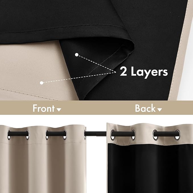 MIULEE Taupe 100% Blackout Curtains for Bedroom 84 Inch Long, 2 Thick Layers Thermal Insulated Black Out Window Curtains with Black Liner, Noise Reducing Grommet Living Room Drapes 2 Panels Set