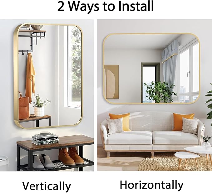 40x30 Inch Gold Bathroom Mirror, Brushed Brass Gold Metal Framed Rectangular Mirror with Rounded Corner, Bathroom Vanity Mirror for Bedroom or Living Room, Horizontal/Vertical