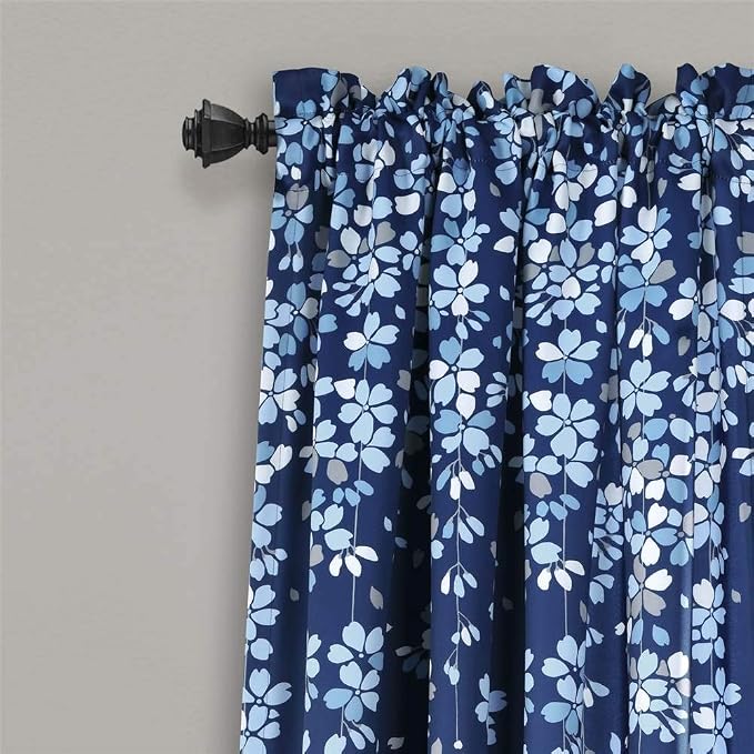 Lush Decor Weeping Flower Light Filtering Window Curtain Panels, Pair, 52"W x 95"L + 2" Header, Navy - Charming Modern Floral Curtains for Living Room, Dining Room, & Bedroom