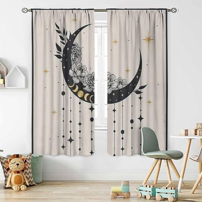 Witchy Curtains, Moody Curtains for Bedroom, Goth Curtains, Moth Curtains Moon Curtains for Bedroom Living Room W63xL72 Inch
