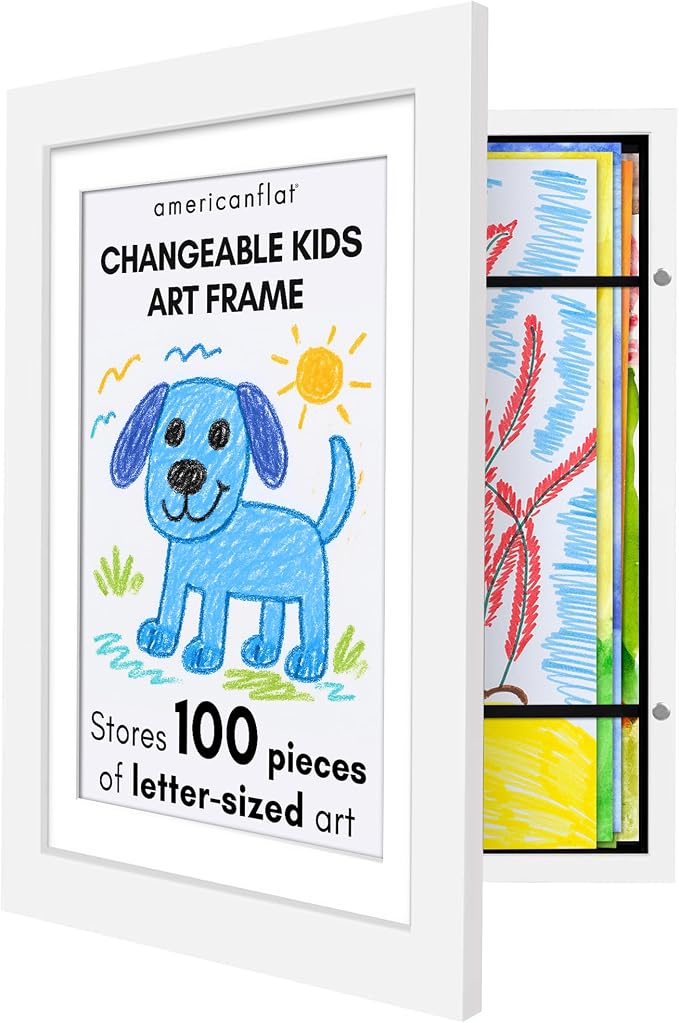 Americanflat Kids Artwork Frame Changeable (White) - Magnetic Door Holds 100 Art Pieces - 8.5x11 Letter Size Display with Mat or 10x12.5 Without Mat - My Mini Masterpiece