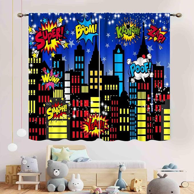 Superhero City Curtains, Comic Night Starry Skyline Cityscape Buildings Comic Blackout Window Curtains for Boys Kids Baby Room Bedroom Living Nursery 2 Panel Sets, 63"x72" Inch