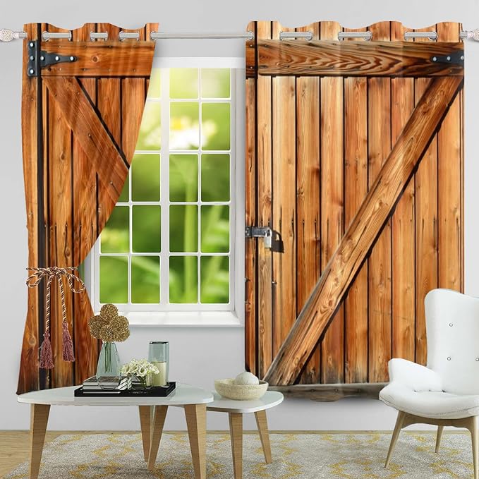 Russet Wooden Door Window Curtains Old Garage Door Curtains Rustic Barn Door Curtains Vintage Wood Planks American Rural Style Native Country Farmhouse Drape Treatments,53x72 inch,2 Panels