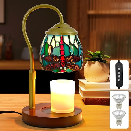 Candle Warmer Lamp Tiffany Style Dragonfly, with Timer Dimmer Adjustable Height, Stained Glass Candle Warmer Lamp with 2 Bulbs, Vintage Home Decor Gift, Wax Melt Warmer for Scented Jar Candles