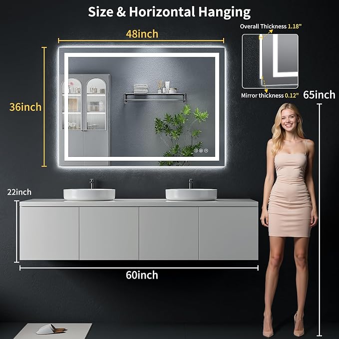 48"x36" LED Bathroom Mirror with Lights, Backlit + Front Lit with CRI>90, Lighted Mirror for Bathroom, Anti-Fog, Dimmable Brightness, 3 Colors, Memory Function, Shatterproof Tempered Glass