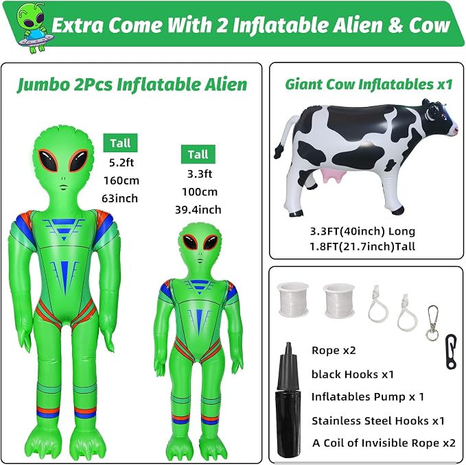 Alien Party Decorations 4.2FT Hanging Alien UFO Cow Abduction Inflatable with Cow&2pcs Jumbo Alien Halloween Inflatable UFO Built-in Green LED Blue&White Flashing Light Blow Up Yard Home Garden Decor