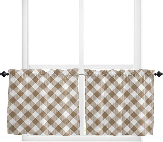 24 Inch Long Tier Curtains for Kitchen, Pastoral Style Light Brown Lattice Bathroom Window Curtains Rod Pocket Short Curtains Window Treatment Tiers for Living Room Farmhouse 2 Panels