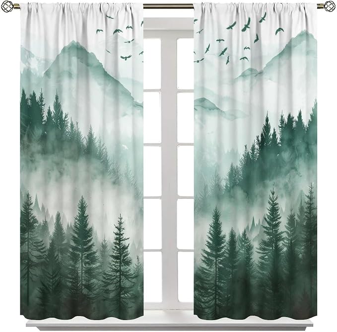 Watercolour Forest Curtains, Green Nature Forest Valley Misty Fresh Flying Birds Landscape Blackout Windows Treatments, Thermal Insulated Drapes for Kids Boys Girls Living Room Bedroom 42x63in