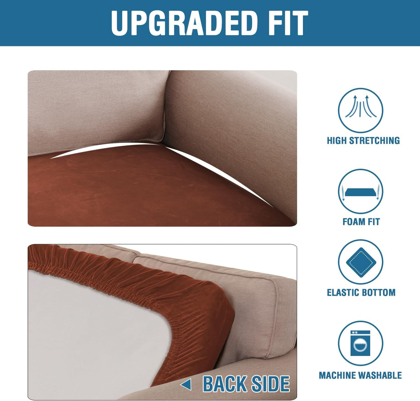 H.VERSAILTEX Velvet Stretch Individual Couch Cushion Cover Plush Cushion Slipcover for Loveseat Sofa Cushion Furniture Protector Seat Cushion Sofa Cover (1 Piece Sofa Cushion Cover, Rust)