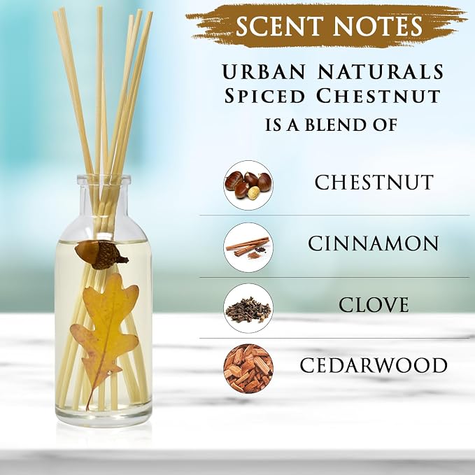 Urban Naturals Reed Diffuser Set, Spiced Chestnut - Bathroom Shelf Décor | Comforting Autumn Scent of Chestnuts, Cinnamon, Clove and Cedar wood with REAL Acorns and Fall Leaves