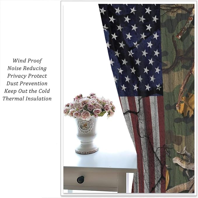 American Flag Curtains,Rustic Camo Forest Independence Day Drapes for Bedroom Living Room Kitchen Window Treatment 2 Panels Set Total Size 63" W X 63" L Inch
