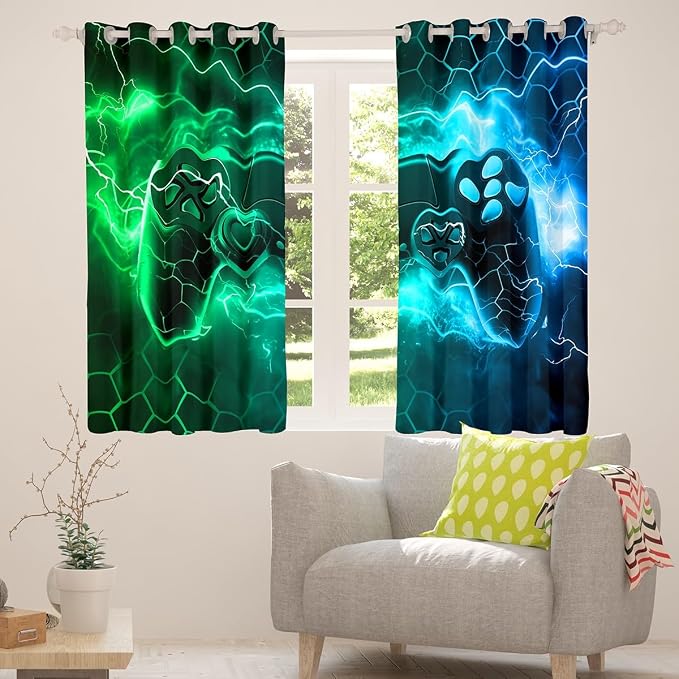 Feelyou Kids Boys Green Gamer Window Curtains Toddler Honeycomb Gaming Blankout Curtains Lightning Gamepad Darkening Drapes Game Room Decor Window Treatments (2 Panels, 52 x 84 Inch)