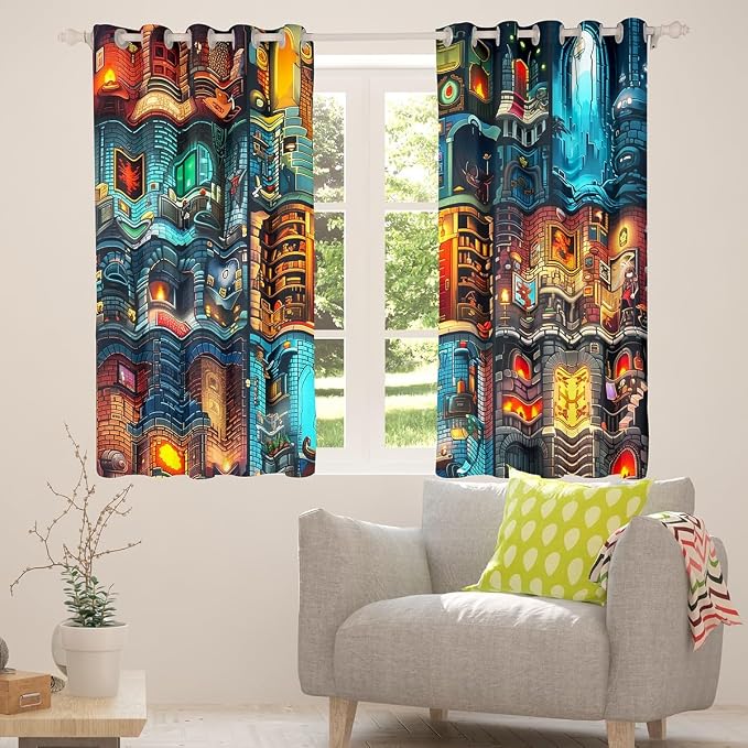 Castle Fairy Sandbox Games Window Curtain,Pixelated Miner Theme Bedroom Decor Curtains,Boys Teens Block Patchwork City View Window Treatment Building Gamer Blackout Drapes 2 Panels,52Wx96L