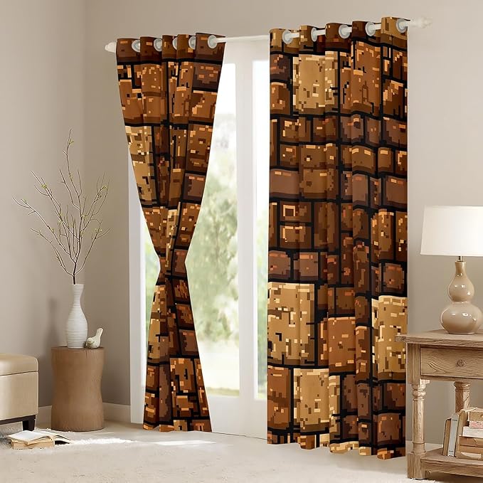 Castle Fairy Brown Stone Wall Window Curtain,Pixel Style Blackout Window Treatment,Teens Woman Men Splicing Grid Block Bedroom Curtains Video Games Living Room Decor Top 2 Panels,52Wx84L