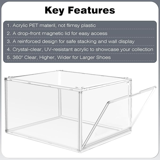 12 Pack Clear Acrylic Shoe Boxes Organizer, Extra-Thick Reinforced Stackable Shoe Storage with Magnetic Door, Dust-Proof Display Cases for Closet & Entryway, Fits up to Men’s 12, Crystal Clear