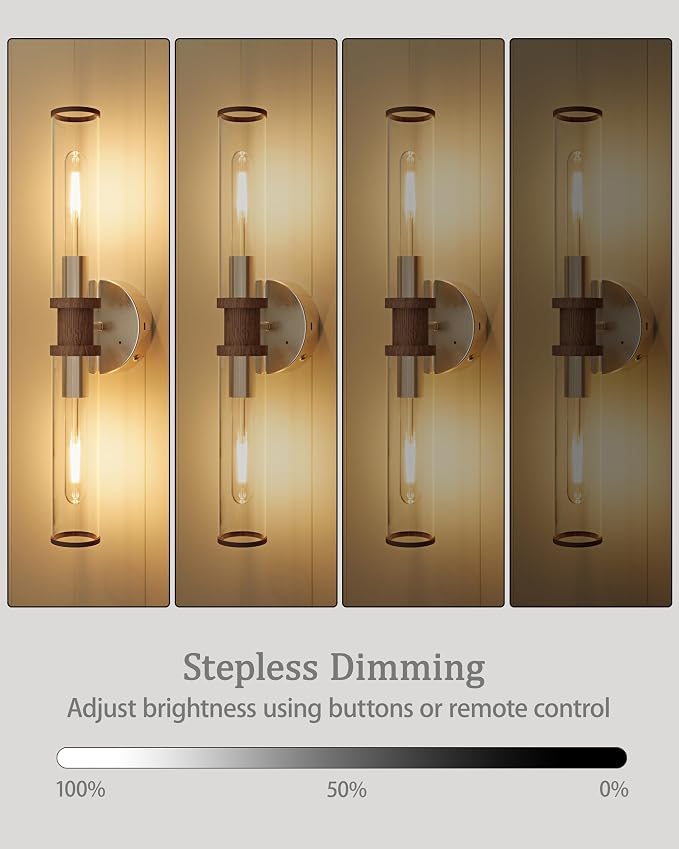 Rayogale Nickel & Walnut Wireless Battery Operated Wall Sconces with Remote | Glass Rechargeable Wall Lights Set of 2 with Timer Function Dimmable for Living Room Bedroom Emergency 3000K, 20.5 Inch