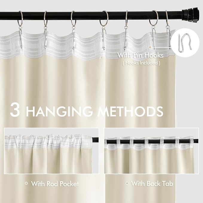 MIULEE Birch Back Tab Blackout Curtains 63 Inch Length 2 Panels Set for Living Room Bedroom Privacy, Rod Pocket/Pinch Pleat Thermal Insulated Room Darkening Pleated Light Blocking Drapes
