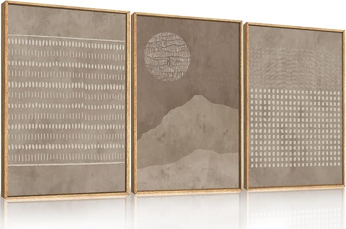 Large Mid Century Tan Beige Framed Canvas Wall Art,Neutral Geometric Lines Dots Shapes Wall Decor,Abstract Boho Sunset and Mountain Artwork for Living Room,Bedroom,Office-24 x36 x3