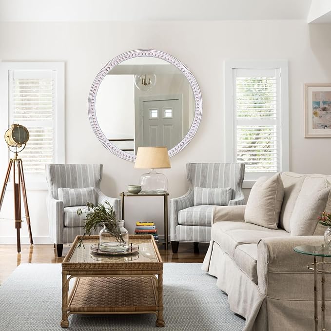 30 Inch Farmhouse Round Mirror for Wall Decor, Wooden Decorative Mirrors | Circle Shape Softens Straight Lines, Balancing Bathroom Sinks, Living Room, Entryway, Fireplaces, or Narrow Passages