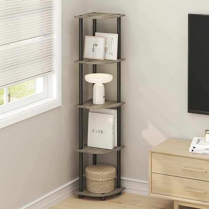 Furinno TURN-N-TUBE Corner Shelf Set of 2, 5-Tier Corner Bookshelf, Open Storage Shelves, for Organization and Storage, Living Room, Home Office, Garage, French Oak