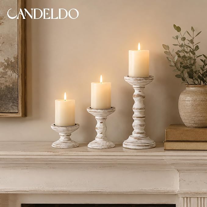 Candeldo Wood Candle Holder for Pillar, White Farmhouse Fireplace Decor | Set of 3, Table Centerpiece, Tall Shabby Chic Decor, Wooden Rustic Decorations for Mantle