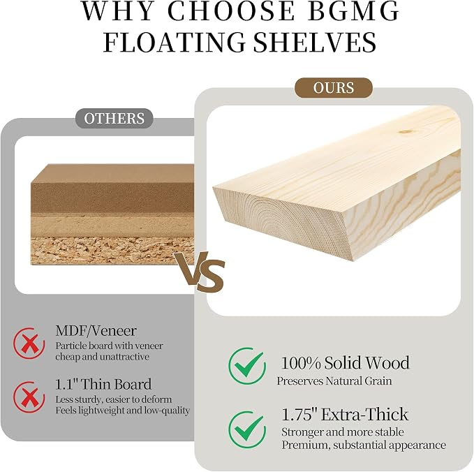 BGMG Wood Floating Shelves for Wall 60 inch Set of 2,White Floating Shelves,Solid Wood Wall Mount Shelves for Living Room Bedroom Kitchen Farmhouse -60x6.7x1.75 inch