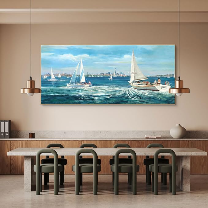Sailboat Wall Art for Living Room Framed Canvas Beach Artwork for Walls | Extra Large 70x31 Inches Landscape Modern Seascape Picture Sailboat Artwork for Bedroom Bathroom Office Home Wall Decor
