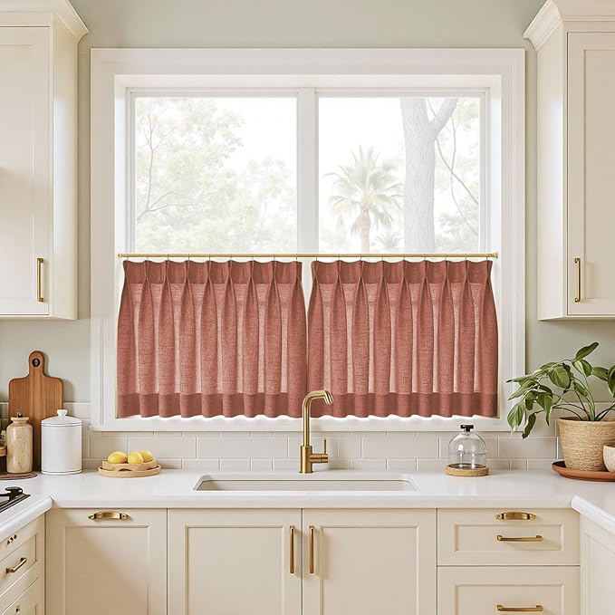 TWOPAGES 34" W x 24" L Linen Blend Cafe Curtains for Kitchen Window, Light Filtering Pinch Pleated Tier Curtains, Modern Farmhouse Half Window Curtains for Bathroom, FireBrick, 2 Panels