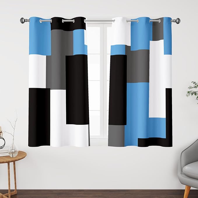 Tyrot Light Blue 100% Blackout Curtains 45 inch Length 2 Panels Set White Grey Modern Abstract Geometric Drapes for Kitchen Black Out Curtains Insulated Room Darkening Small Window Curtains, 42Wx45L