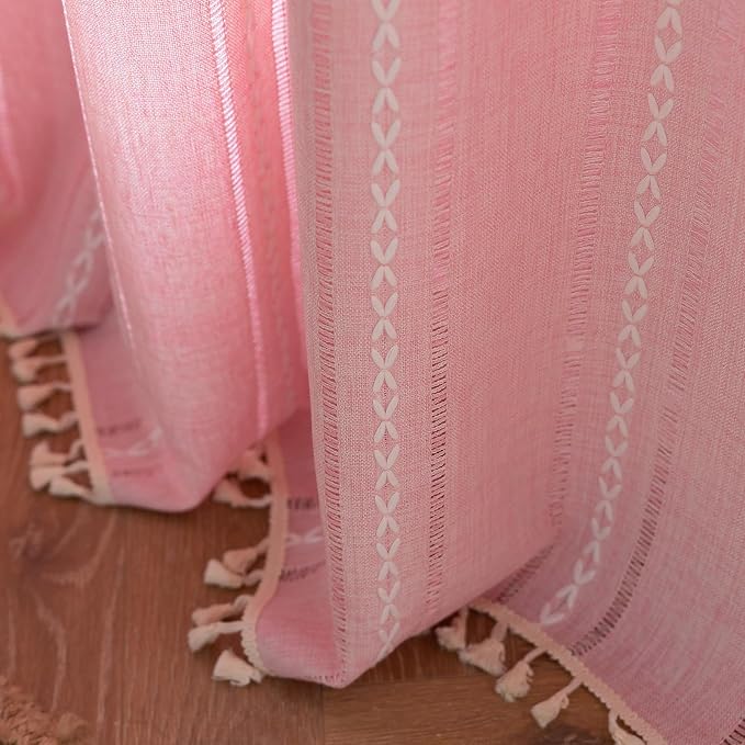 RoomTalks Cute Pink Textured Curtains for Girls Bedroom Nursery 63 Inches Length 2 Panels Light Filtering Boho Chic Tassel Window Curtain Panels Modern Farmhouse Draperies