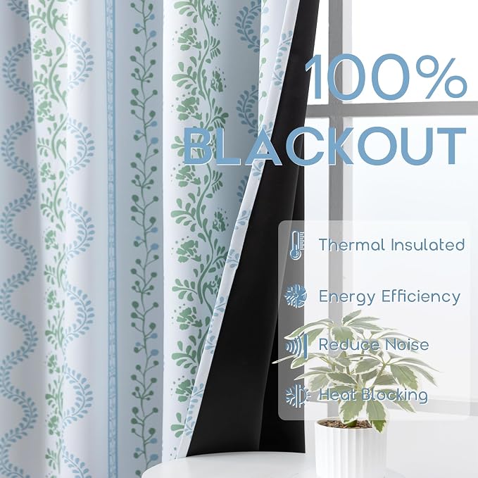 Light Blue and White Floral Blackout Curtains, French Country Cottage Core Green Scalloped Thermal Insulated Drape for Summer Heat, Grand Millenial Coastal Curtain for Living Room Bedroom 84 Inch Long