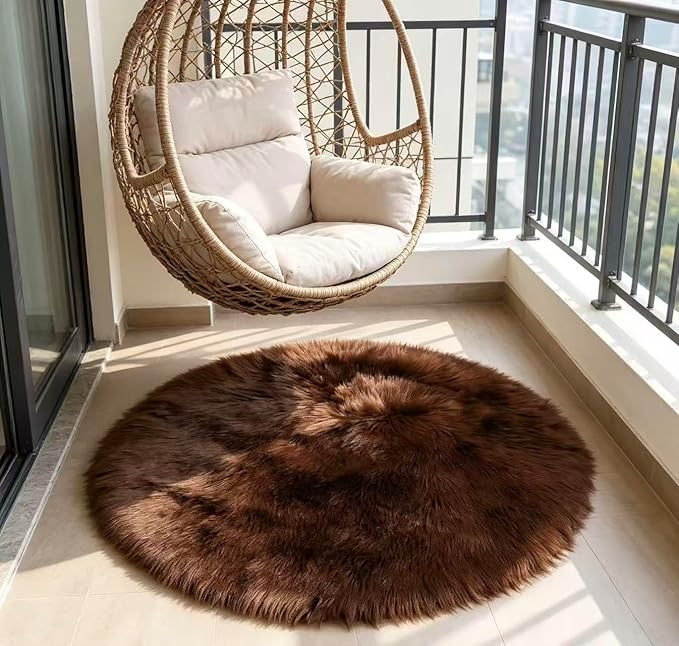 Faux Fur Rug 3 x 3 ft Round Coffee Shaggy Sheepskin Rug Soft Fluffy Plush Carpet Fuzzy for Bedroom Living Room Floor Nursery Kids Room Bedside Rugs