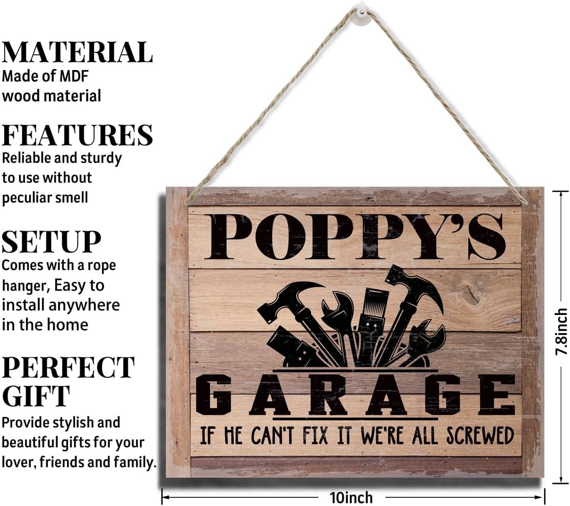 Rustic Sign, Father's Day Gift, Dad's Gift, Grandpa's Gift, Decor Hanging Wood Signs, Printed Wood Wall Art Sign, Poppy's Garage, If He Can't Fix It We're All Screwed, Vintage Sign Gift for Grandpa